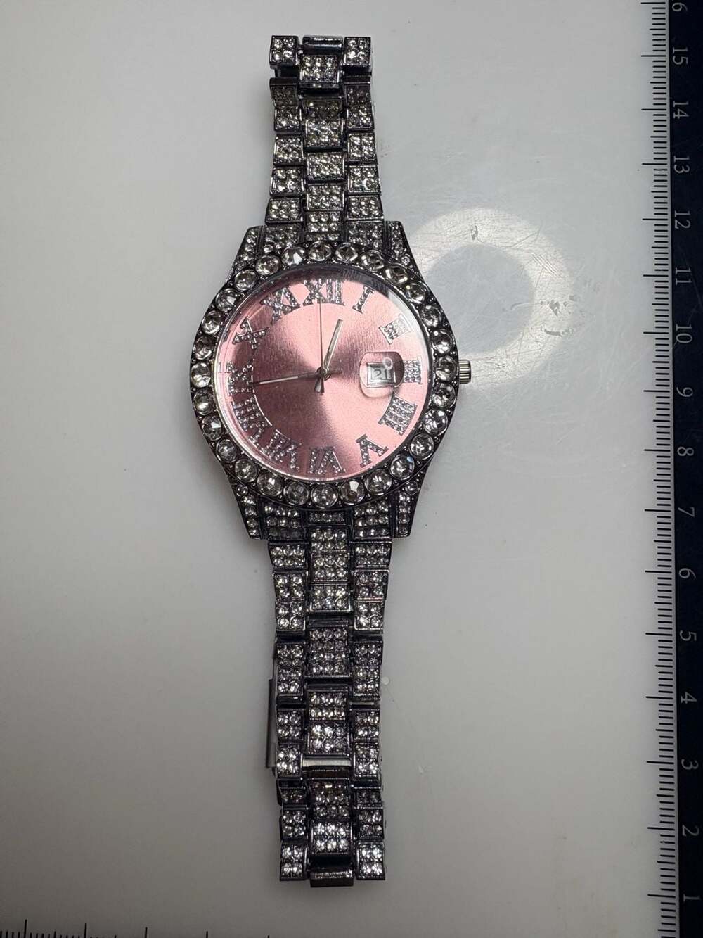 Techno Pave Iced Out Bling Pink Sunray Dial Roman Numeral Men's Watch